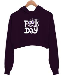 Fools Day - Komik Bakışlar - 1 Nisan Koyu Mor Kadın Crop Hoodie Kapüşonlu Sweatshirt