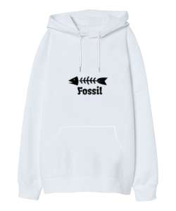 Fosil Beyaz Oversize Unisex Kapüşonlu Sweatshirt