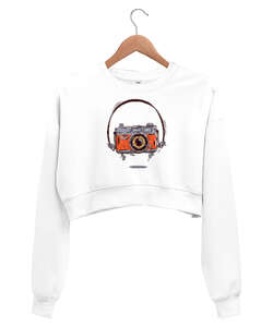 Fotoğraf Makinesi Beyaz Kadın Crop Sweatshirt