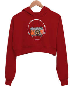 Fotoğraf Makinesi Kırmızı Kadın Crop Hoodie Kapüşonlu Sweatshirt