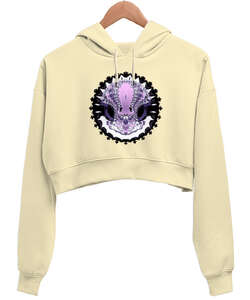 Fractal Krem Kadın Crop Hoodie Kapüşonlu Sweatshirt