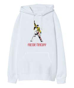 Freddie Mercury - Queen- Beyaz Oversize Unisex Kapüşonlu Sweatshirt