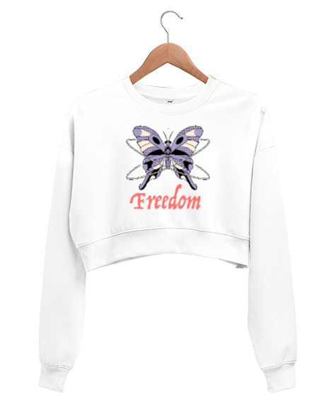 Freedom - Özgür Kelebek Beyaz Kadın Crop Sweatshirt