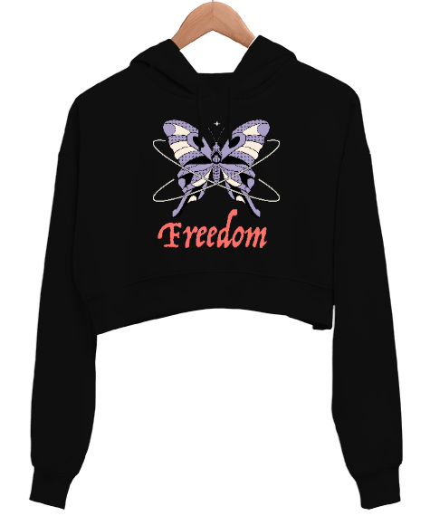 Freedom - Özgür Kelebek Siyah Kadın Crop Hoodie Kapüşonlu Sweatshirt