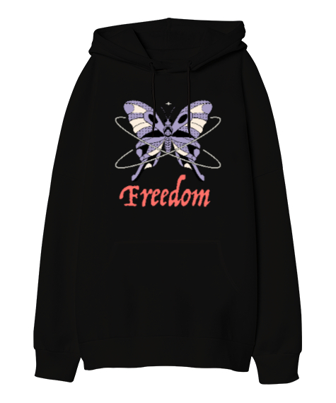 Freedom - Özgür Kelebek Siyah Oversize Unisex Kapüşonlu Sweatshirt