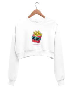 french fries baskılı minimal tasarım Beyaz Kadın Crop Sweatshirt