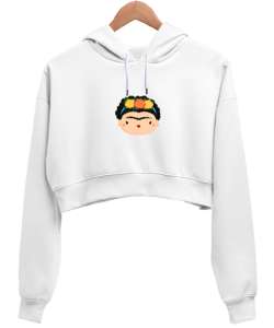 Frida Kahlo Beyaz Kadın Crop Hoodie Kapüşonlu Sweatshirt