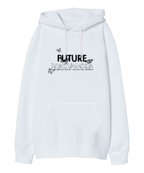 Tisho - Future Kelebek Temalı Beyaz Oversize Unisex Kapüşonlu Sweatshirt