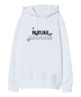 Future Kelebek Temalı Beyaz Oversize Unisex Kapüşonlu Sweatshirt - Thumbnail