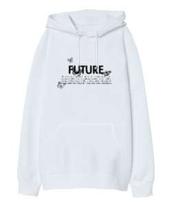 Future Kelebek Temalı Beyaz Oversize Unisex Kapüşonlu Sweatshirt