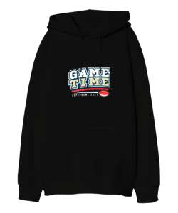 Game Time Baskılı Siyah Oversize Unisex Kapüşonlu Sweatshirt