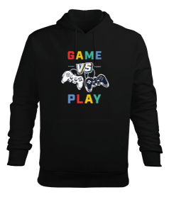 Game vs Play Baskılı Siyah Erkek Kapüşonlu Hoodie Sweatshirt