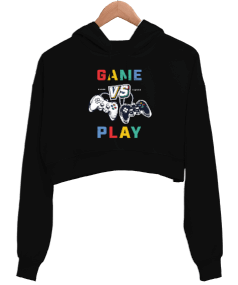 Game vs Play Baskılı Siyah Kadın Crop Hoodie Kapüşonlu Sweatshirt