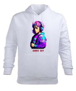 Gamer boy Beyaz Erkek Kapüşonlu Hoodie Sweatshirt