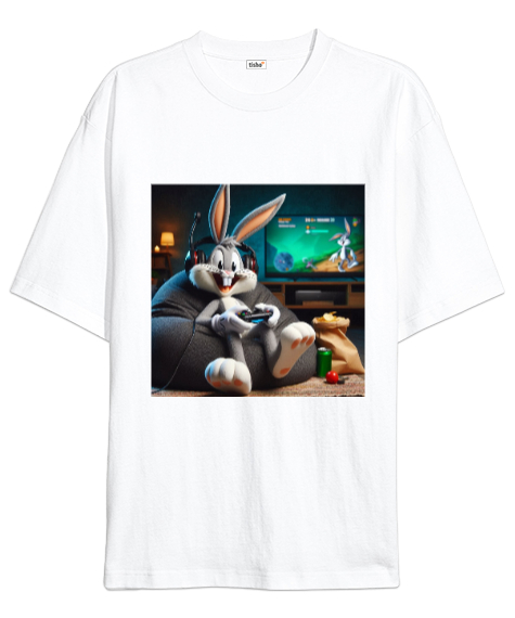 Tisho - GAMER BUNNY Beyaz Oversize Unisex Tişört