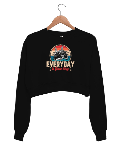 Tisho - Gamer - Her Gün Oyun - Game Siyah Kadın Crop Sweatshirt