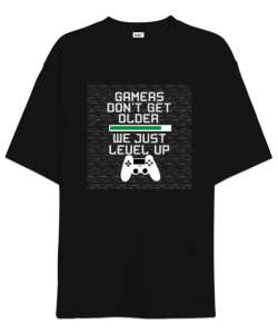 Gamer - Oyuncu Yaşlanmaz Level Atlar Siyah Oversize Unisex Tişört