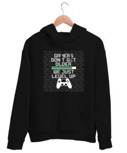 Gamer - Oyuncu Yaşlanmaz Level Atlar Siyah Unisex Kapşonlu Sweatshirt