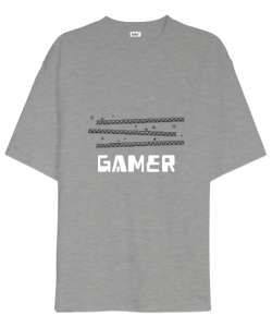 Gamer Retro ve Pixel Art Oyun ve Oyuncu Özel Tasarım Gri Oversize Unisex Tişört