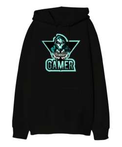 GAMER Siyah Oversize Unisex Kapüşonlu Sweatshirt