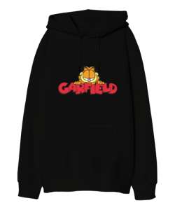 Garfield Siyah Oversize Unisex Kapüşonlu Sweatshirt