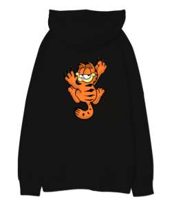 Garfield Siyah Oversize Unisex Kapüşonlu Sweatshirt