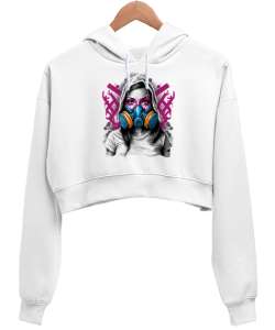 Gaz Maskeli Kız Beyaz Kadın Crop Hoodie Kapüşonlu Sweatshirt