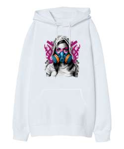 Gaz Maskeli Kız Beyaz Oversize Unisex Kapüşonlu Sweatshirt