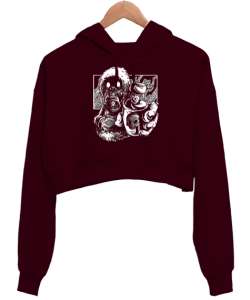 Gaz Maskeli ve Tehlikeli Bordo Kadın Crop Hoodie Kapüşonlu Sweatshirt