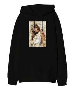 Gazete Sayfası ve Kız Silüeti Poster- Girl Silhouette Siyah Oversize Unisex Kapüşonlu Sweatshirt