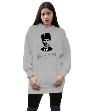 Gazi Mustafa Kemal Atatürk Kadın Uzun Hoodie Kapüşonlu Sweatshirt