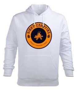 Gece Kamp Ateşi Kampçılık Özel Tasarım Beyaz Erkek Kapüşonlu Hoodie Sweatshirt