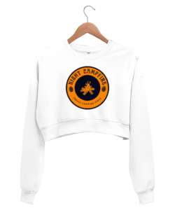 Gece Kamp Ateşi Kampçılık Özel Tasarım Beyaz Kadın Crop Sweatshirt