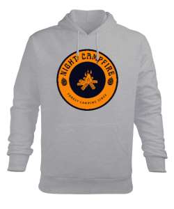 Gece Kamp Ateşi Kampçılık Özel Tasarım Gri Erkek Kapüşonlu Hoodie Sweatshirt