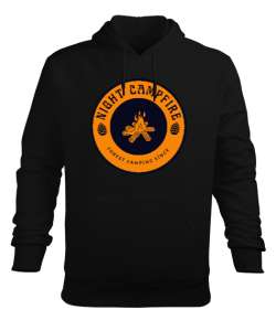 Gece Kamp Ateşi Kampçılık Özel Tasarım Siyah Erkek Kapüşonlu Hoodie Sweatshirt