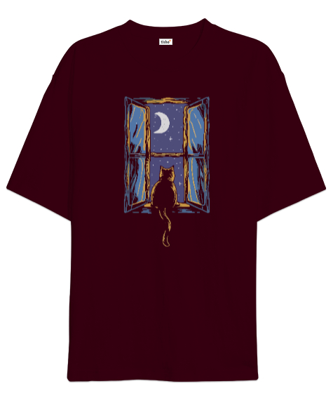 Tisho - Gece ve Penceredeki Kedi - Night And Cat Bordo Oversize Unisex Tişört