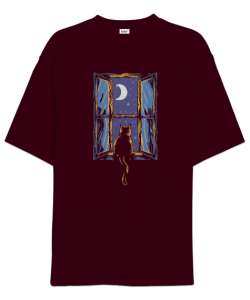 Gece ve Penceredeki Kedi - Night And Cat Bordo Oversize Unisex Tişört