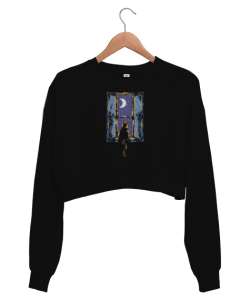 Gece ve Penceredeki Kedi - Night And Cat Siyah Kadın Crop Sweatshirt