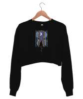 Gece ve Penceredeki Kedi - Night And Cat Siyah Kadın Crop Sweatshirt - Thumbnail