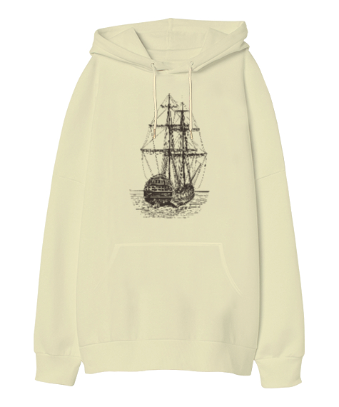 Gemi Krem Oversize Unisex Kapüşonlu Sweatshirt