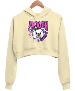 Genç Kültür - Youth Culture Krem Kadın Crop Hoodie Kapüşonlu Sweatshirt