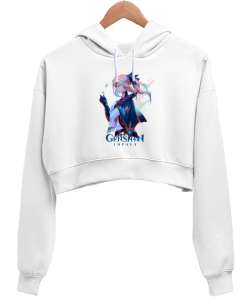 Genshin İmpact Tasarım Baskılı Beyaz Kadın Crop Hoodie Kapüşonlu Sweatshirt