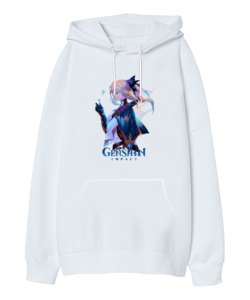 Genshin İmpact Tasarım Baskılı Beyaz Oversize Unisex Kapüşonlu Sweatshirt