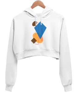 GEO ART Beyaz Kadın Crop Hoodie Kapüşonlu Sweatshirt