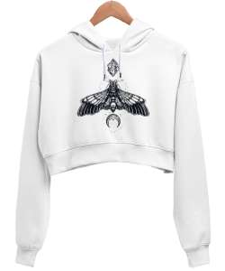 GEO KELEBEK Beyaz Kadın Crop Hoodie Kapüşonlu Sweatshirt