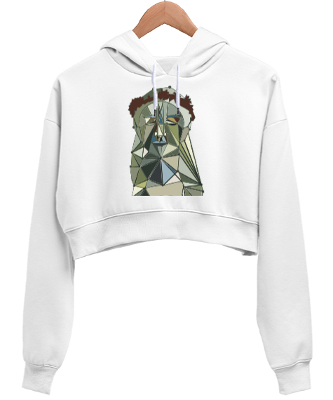 Geometri Beyaz Kadın Crop Hoodie Kapüşonlu Sweatshirt