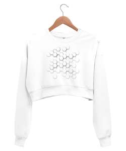 Geometrik Şekil - Petek Beyaz Kadın Crop Sweatshirt