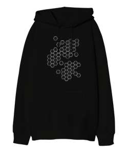 Geometrik Şekil - Petek V3 Siyah Oversize Unisex Kapüşonlu Sweatshirt