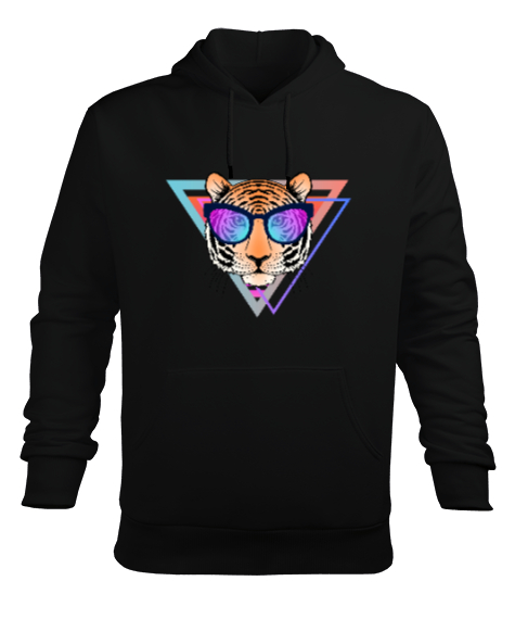 Geometrik üçgen içinde gözlüklü kaplan tasarımı Siyah Erkek Kapüşonlu Hoodie Sweatshirt