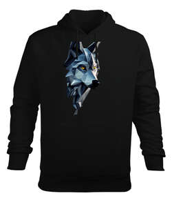 Gerçekçi Buz ve Kristal Bozkurt Siyah Erkek Kapüşonlu Hoodie Sweatshirt